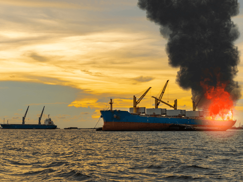 Cargo ship on fire